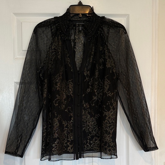 White House Black Market Black Sheer Lace Blouse with Gold Metallic Thread - Picture 5 of 7